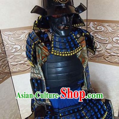 Japanese Handmade Traditional Samurai Blue Body Armor and Helmet Ancient Warrior Costumes for Men