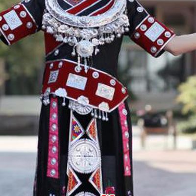 Chinese Traditional Miao Nationality Embroidered Black Dress and Headpiece Ethnic Folk Dance Costume for Women