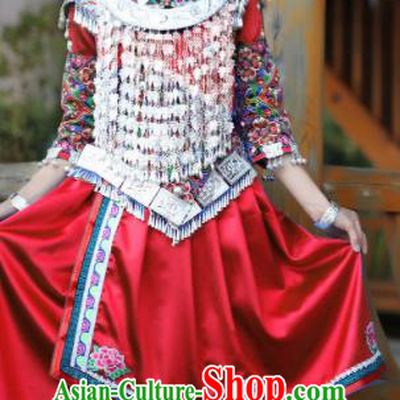 Chinese Traditional Miao Nationality Embroidered Red Dress and Headpiece Ethnic Folk Dance Costume for Women