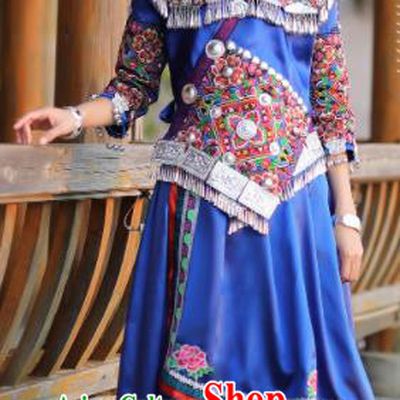 Chinese Traditional Miao Nationality Embroidered Blue Dress and Headpiece Ethnic Folk Dance Costume for Women