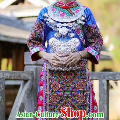 Chinese Traditional Tujia Nationality Wedding Embroidered Royalblue Dress and Headpiece Ethnic Folk Dance Costume for Women