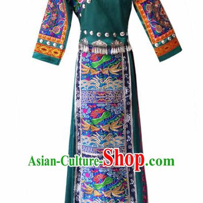 Chinese Traditional Tujia Nationality Wedding Embroidered Green Dress Ethnic Folk Dance Costume for Women