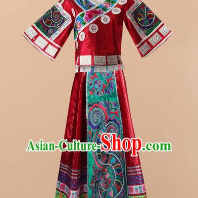 Chinese Traditional Tujia Nationality Wedding Embroidered Red Dress Ethnic Folk Dance Costume for Women