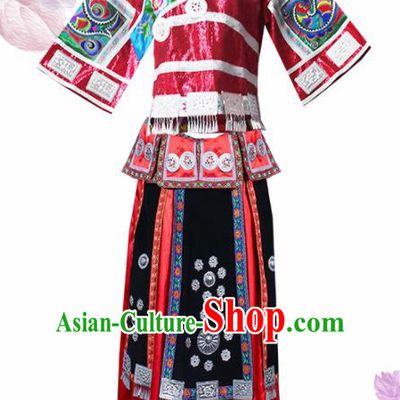 Chinese Traditional Guangxi Miao Nationality Wedding Embroidered Red Dress Ethnic Folk Dance Costume for Women