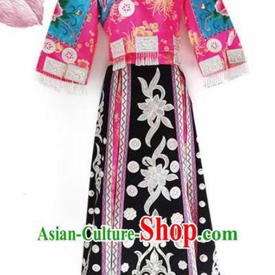Chinese Traditional Guizhou Miao Nationality Wedding Embroidered Pink Dress Ethnic Folk Dance Costume for Women