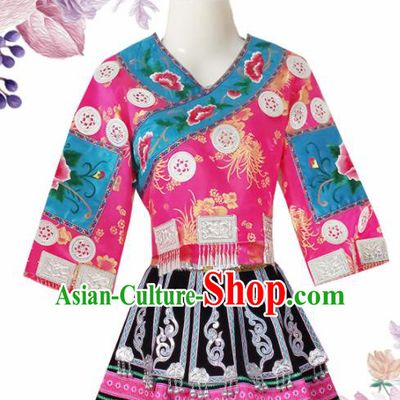 Chinese Traditional Guizhou Miao Nationality Wedding Embroidered Pink Short Dress Ethnic Folk Dance Costume for Women