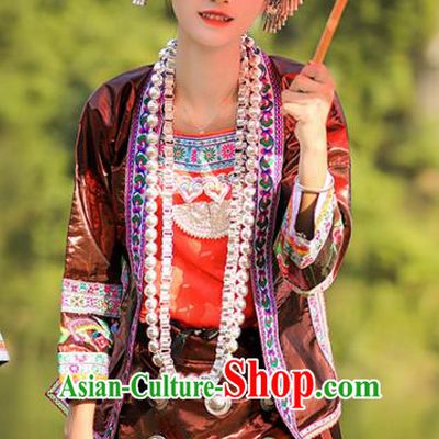 Chinese Traditional Dong Nationality Wedding Embroidered Brown Short Dress Ethnic Folk Dance Costume for Women