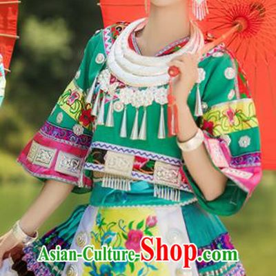 Chinese Traditional Miao Nationality Wedding Embroidered Green Short Dress Ethnic Folk Dance Costume for Women