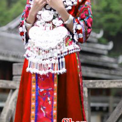 Chinese Traditional Miao Nationality Festival Embroidered Red Dress Ethnic Folk Dance Costume and Headpiece for Women