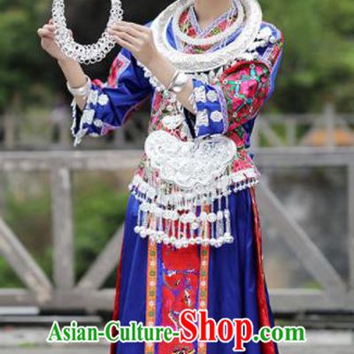 Chinese Traditional Miao Nationality Festival Embroidered Royalblue Dress Ethnic Folk Dance Costume and Headpiece for Women