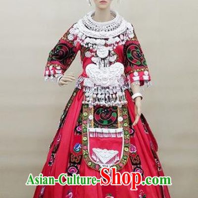 Chinese Traditional Miao Nationality Festival Rosy Dress Ethnic Folk Dance Costume and Headpiece for Women