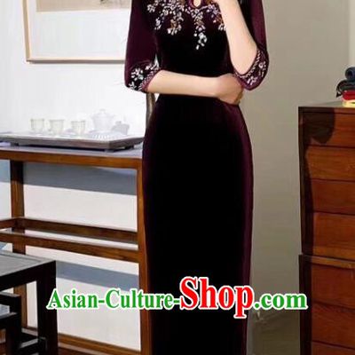 Chinese Traditional Qipao Dress Bride Mother Wine Red Velvet Cheongsam National Costumes for Women