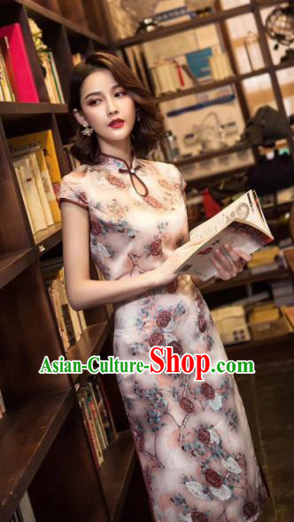 Chinese Traditional Qiapo Dress Bride Printing Roses Pink Cheongsam National Costumes for Women Chinese Traditional Qiapo Dress Bride Printing Roses Pink Cheongsam National Costumes for Women