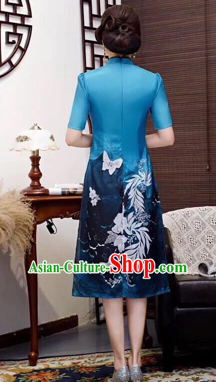 Chinese Traditional Qiapo Dress Bride Mother Blue Cheongsam National Costumes for Women Chinese Traditional Qiapo Dress Bride Mother Blue Cheongsam National Costumes for Women