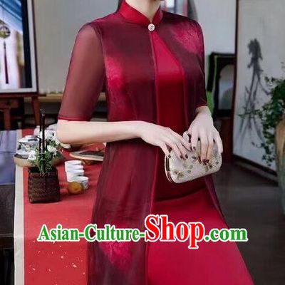 Chinese Traditional Qipao Dress Bride Mother Wine Red Cheongsam National Costumes for Women