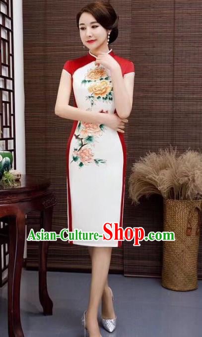 Chinese Traditional Qiapo Dress Printing Peony White Cheongsam National Costumes for Women Chinese Traditional Qiapo Dress Printing Peony White Cheongsam National Costumes for Women