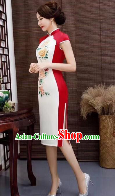 Chinese Traditional Qiapo Dress Printing Peony White Cheongsam National Costumes for Women Chinese Traditional Qiapo Dress Printing Peony White Cheongsam National Costumes for Women