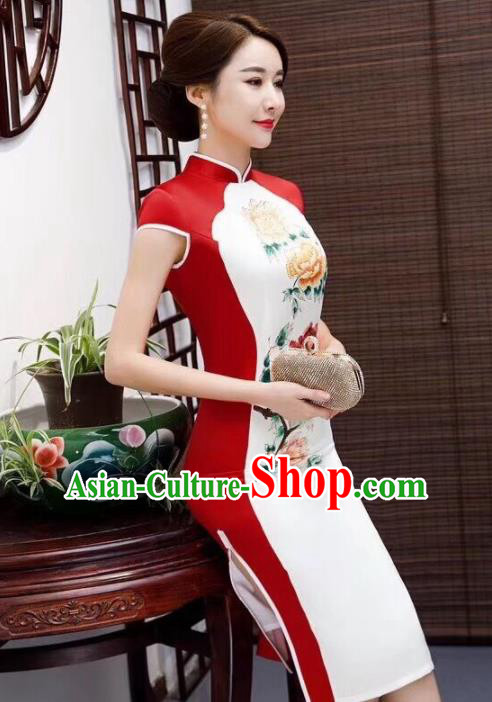 Chinese Traditional Qiapo Dress Printing Peony White Cheongsam National Costumes for Women Chinese Traditional Qiapo Dress Printing Peony White Cheongsam National Costumes for Women