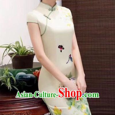 Chinese Traditional Qipao Dress Printing Peony Light Yellow Cheongsam National Costumes for Women