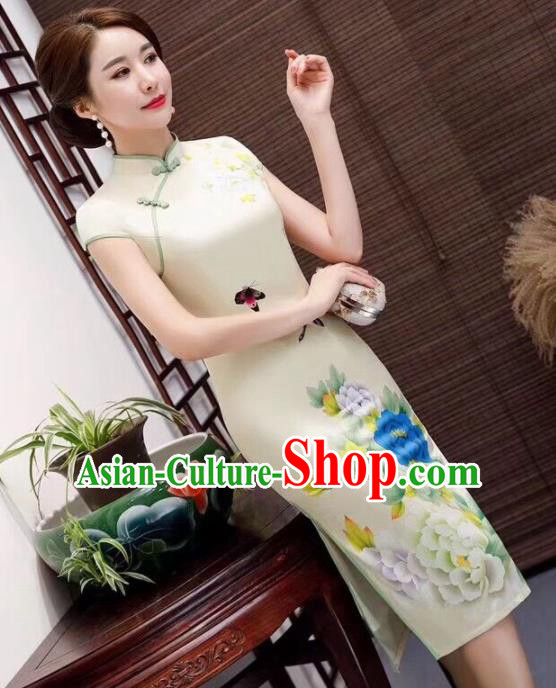Chinese Traditional Qiapo Dress Printing Peony Light Yellow Cheongsam National Costumes for Women Chinese Traditional Qiapo Dress Printing Peony Light Yellow Cheongsam National Costumes for Women