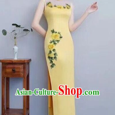 Chinese Traditional Long Qipao Dress Embroidered Yellow Cheongsam National Costume for Women