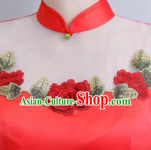 Chinese Traditional Long Qiapo Dress Embroidered Red Cheongsam National Costume for Women Chinese Traditional Long Qiapo Dress Embroidered Red Cheongsam National Costume for Women