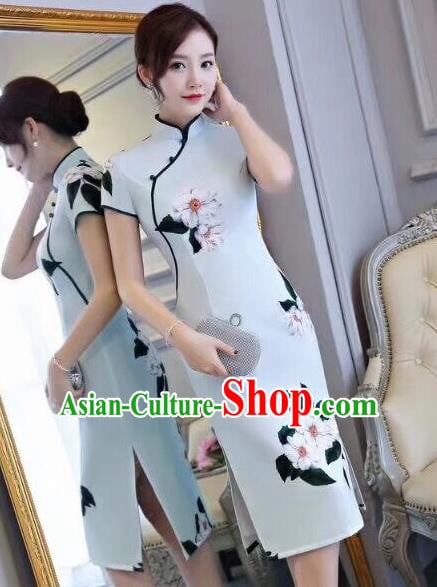 Chinese Traditional Short Qiapo Dress Light Blue Cheongsam National Costume for Women Chinese Traditional Short Qiapo Dress Light Blue Cheongsam National Costume for Women