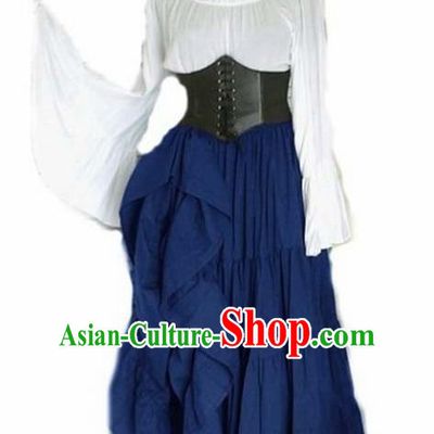 Traditional Europe Middle Ages Renaissance Blue Dress Halloween Cosplay Stage Performance Costume for Women