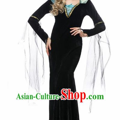 Traditional Europe Middle Ages Queen Black Dress Halloween Cosplay Stage Performance Costume for Women