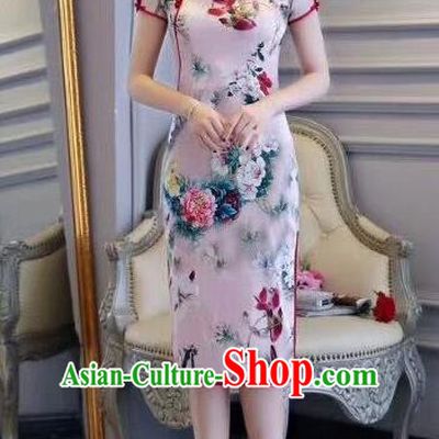 Chinese Traditional Short Qipao Dress Printing Pink Cheongsam National Costume for Women