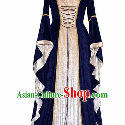 Traditional Europe Middle Ages Countess Blue Velvet Dress Halloween Cosplay Stage Performance Costume for Women