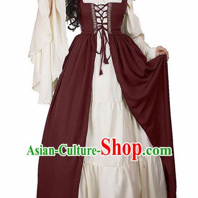 Traditional Europe Middle Ages Farmwife Wine Red Dress Halloween Cosplay Stage Performance Costume for Women