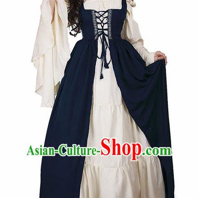 Traditional Europe Middle Ages Farmwife Navy Dress Halloween Cosplay Stage Performance Costume for Women