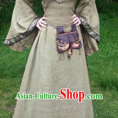 Traditional Europe Middle Ages Civilian Khaki Dress Halloween Cosplay Stage Performance Costume for Women