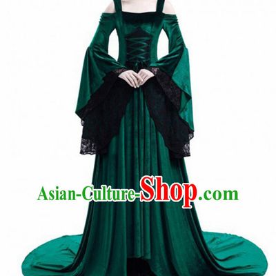 Traditional Europe Middle Ages Court Green Velvet Dress Halloween Cosplay Stage Performance Costume for Women