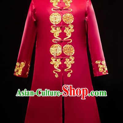 Chinese Traditional Bridegroom Wedding Xiuhe Costumes Tang Suit Embroidered Dragon Red Long Mandarin for Men