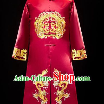 Chinese Traditional Bridegroom Wedding Xiuhe Costumes Tang Suit Embroidered Dragons Red Long Mandarin for Men