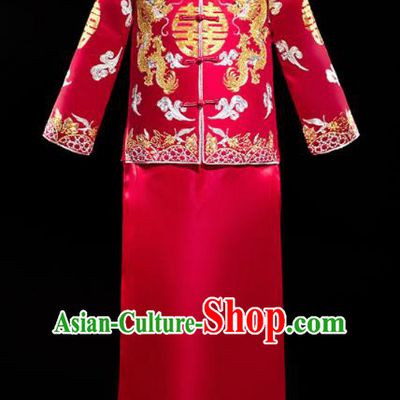 Chinese Traditional Bridegroom Wedding Embroidered Costumes Tang Suit Xiuhe Suits Red Mandarin Jacket and Long Gown for Men