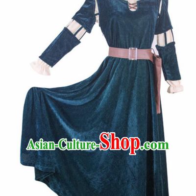 Traditional Europe Middle Ages Blue Velvet Dress Halloween Cosplay Stage Performance Costume for Women