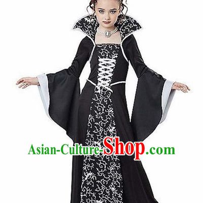 Traditional Europe Renaissance Black Dress Stage Performance Halloween Cosplay Witch Costume for Kids