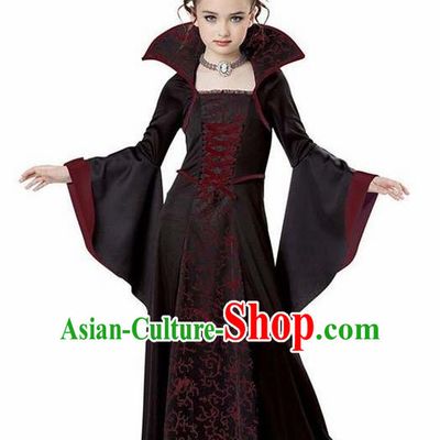 Traditional Europe Renaissance Wine Red Dress Stage Performance Halloween Cosplay Witch Costume for Kids