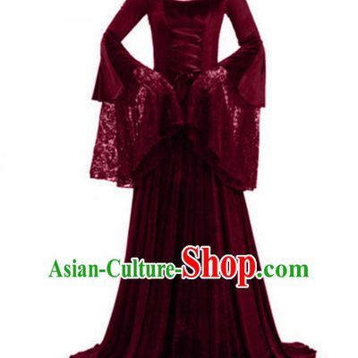 Traditional Europe Renaissance Wine Red Lace Dress Stage Performance Halloween Cosplay Princess Costume for Women