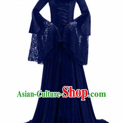 Traditional Europe Renaissance Royalblue Lace Dress Stage Performance Halloween Cosplay Princess Costume for Women