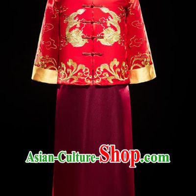 Chinese Traditional Tang Suit Embroidered Red Mandarin Jacket and Wine Red Gown Ancient Bridegroom Wedding Costumes for Men