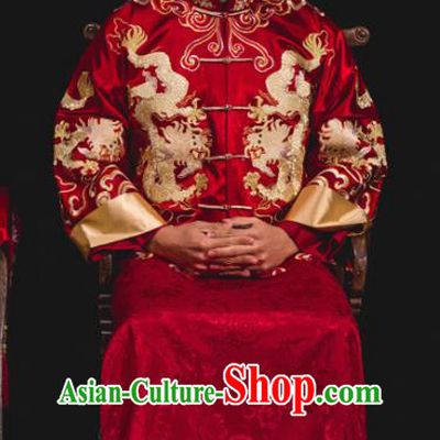 Chinese Traditional Wedding Embroidered Dragons Red Mandarin Jacket and Gown Ancient Bridegroom Tang Suit Costumes for Men