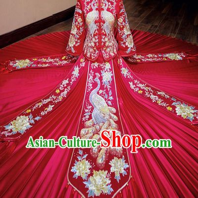 Chinese Traditional Wedding Toast Xiuhe Suit Ancient Bride Embroidered Peacock Full Dress for Women