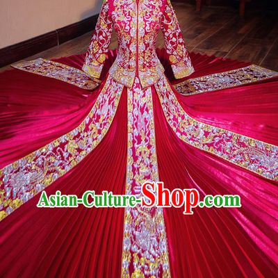 Chinese Traditional Wedding Costumes Toast Red Xiuhe Suit Ancient Bride Embroidered Full Dress for Women