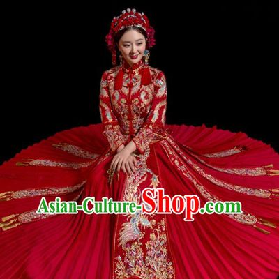 Chinese Traditional Wedding Toast Costumes Embroidered Xiuhe Suit Ancient Bride Full Dress for Women