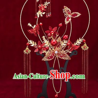 Chinese Traditional Wedding Palace Fans Ancient Bride Prop Red Round Fan for Women