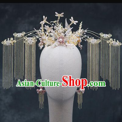 Chinese Traditional Bride Dragonfly Phoenix Coronet Handmade Hairpins Wedding Hair Accessories Complete Set for Women